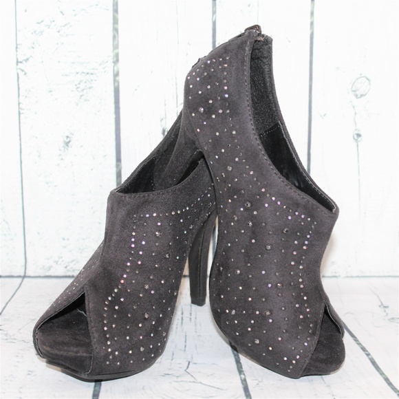 Wild Rose Black Bejeweled Open Toe Ankle Booties - Picture 1 of 8